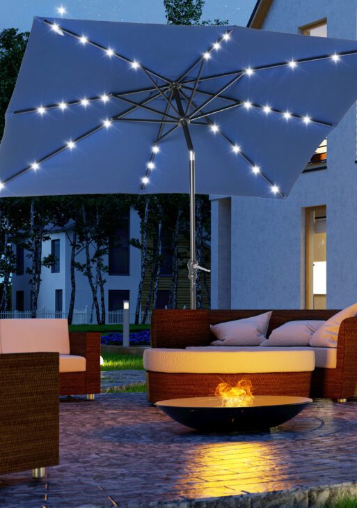 9' x 7' Solar Umbrella, LED Lighted Patio Umbrella for Table or Base with Tilt & Crank, Outdoor Umbrella for Garden, Deck, Backyard, Pool, Beach, Blue