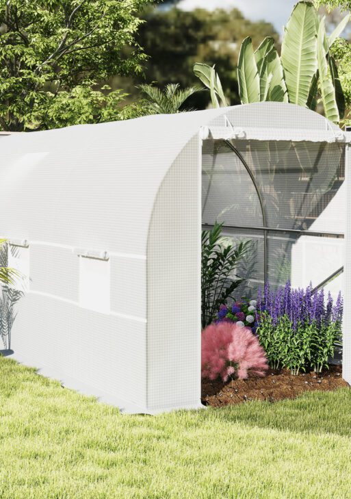 15' x 7' x 7' Walk-In Tunnel Greenhouse, Large Garden Hot House Kit with 6 Roll-up Windows & Roll Up Door, Steel Frame, White