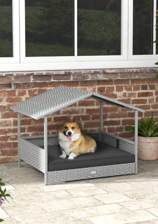 Wicker Dog House Outdoor with Canopy, Rattan Dog Bed with Water-resistant Cushion, Raised Pet Bed for Small, Medium Breeds up to 66 lbs, 20" in Length, Silver Wicker, Gray Cushion