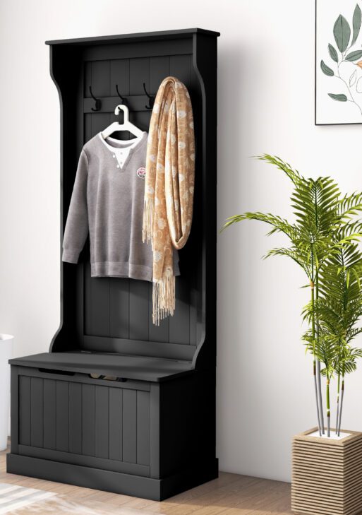 Entryway Hall Tree with Coat Rack and Sitting Bench, Mudroom Bench with Storage and Hooks, Black