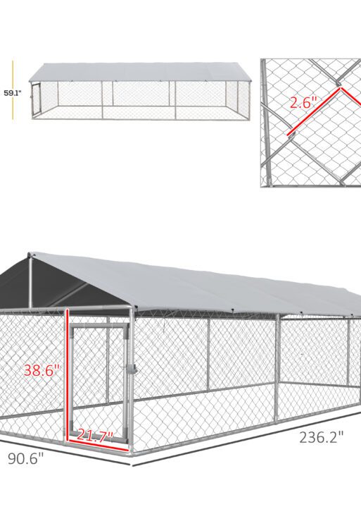 19.7' x 7.5' x 4.9' Outdoor Dog Kennel for Large-Sized Dogs with Waterproof UV Resistant Roof, Silver