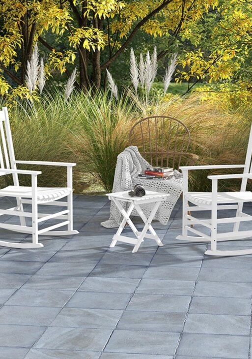 Outdoor Rocking Chair Set of 2 with Side Table, Patio Wooden Rocking Chair with Smooth Armrests, High Back for Garden, Balcony, Porch, Supports Up to 352 lbs. , White
