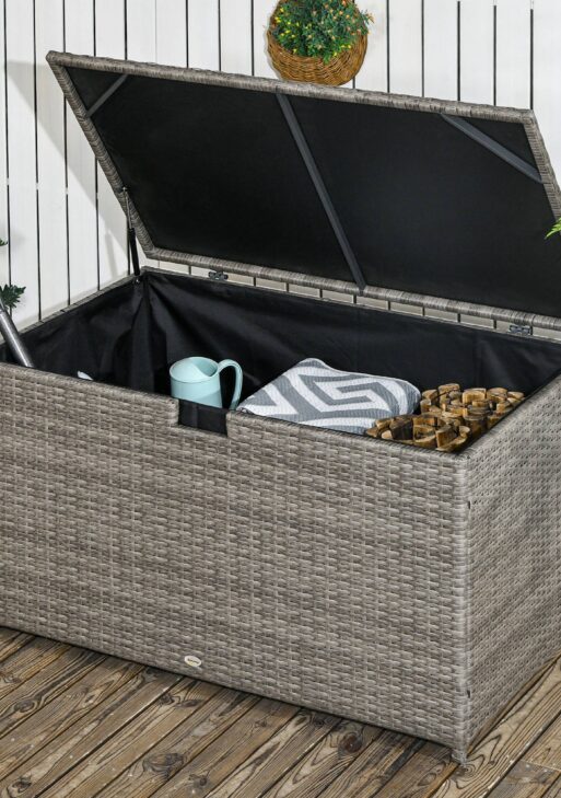 113 Gallon Outdoor Storage Box, Rattan Deck Box for Indoor, Patio Furniture Cushions, Pool Garden Tools, Gray