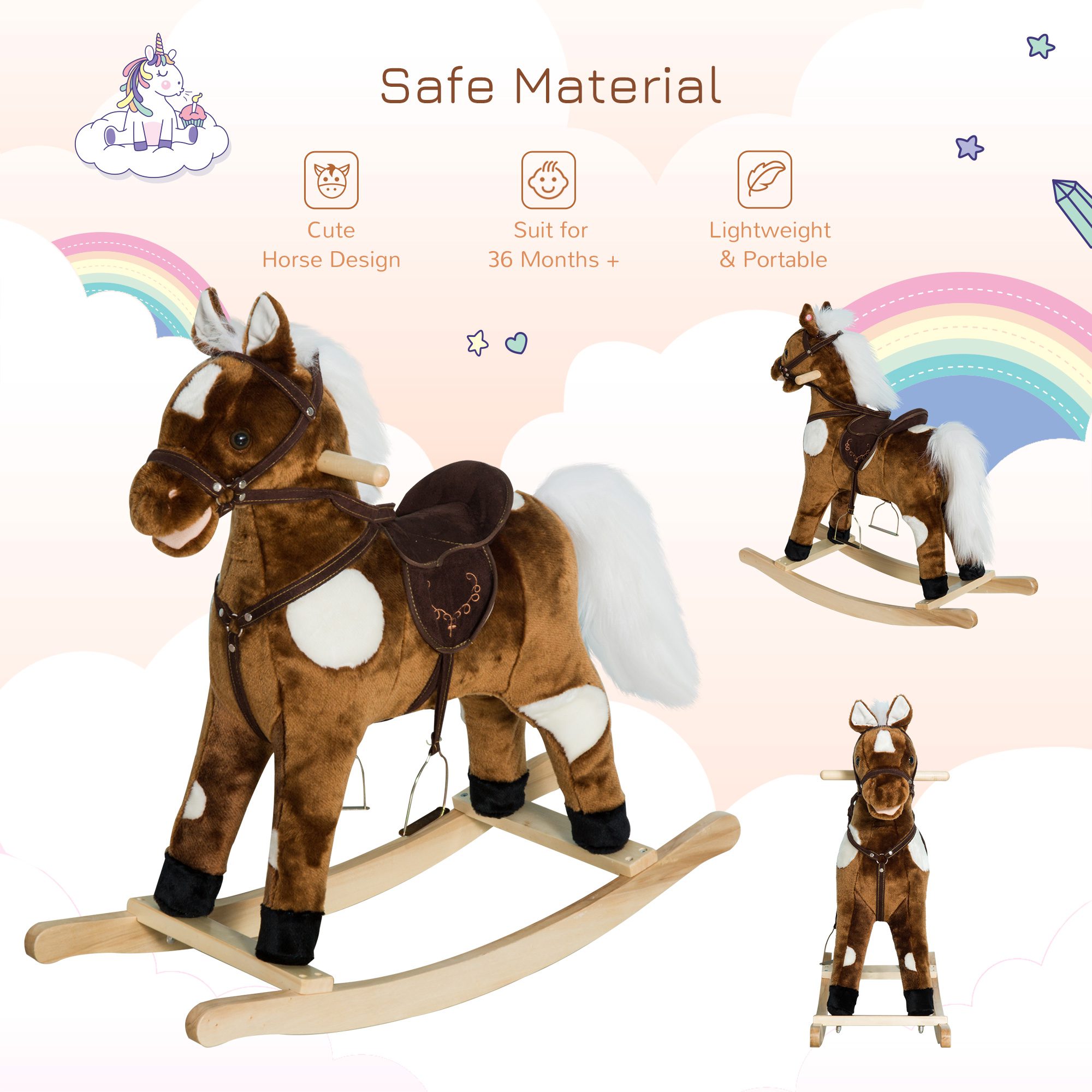 Kids Metal Plush Ride-On Rocking Horse Chair Toy With Nursery Rhyme Music - Dark Brown - Image 2