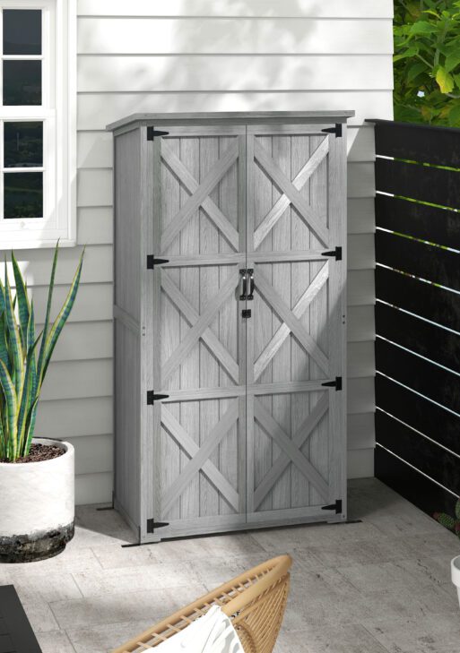 Wooden Outdoor Storage Cabinet Garden Shed with Waterproof Asphalt Roof and Lockable Doors, Gray