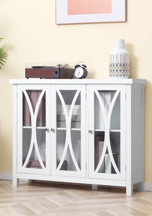 Sideboard, Buffet Cabinet with 3 Tempered Glass Doors, Arc Pattern and Adjustable Storage Shelf, Credenza, White