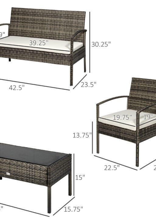 Patio Furniture Set, 4 Piece Indoor Outdoor PE Wicker Conversation Set with Chairs, Loveseat Sofa, Cushions, Glass Table for Backyard, Sunroom, Pool, Garden, Light Gray
