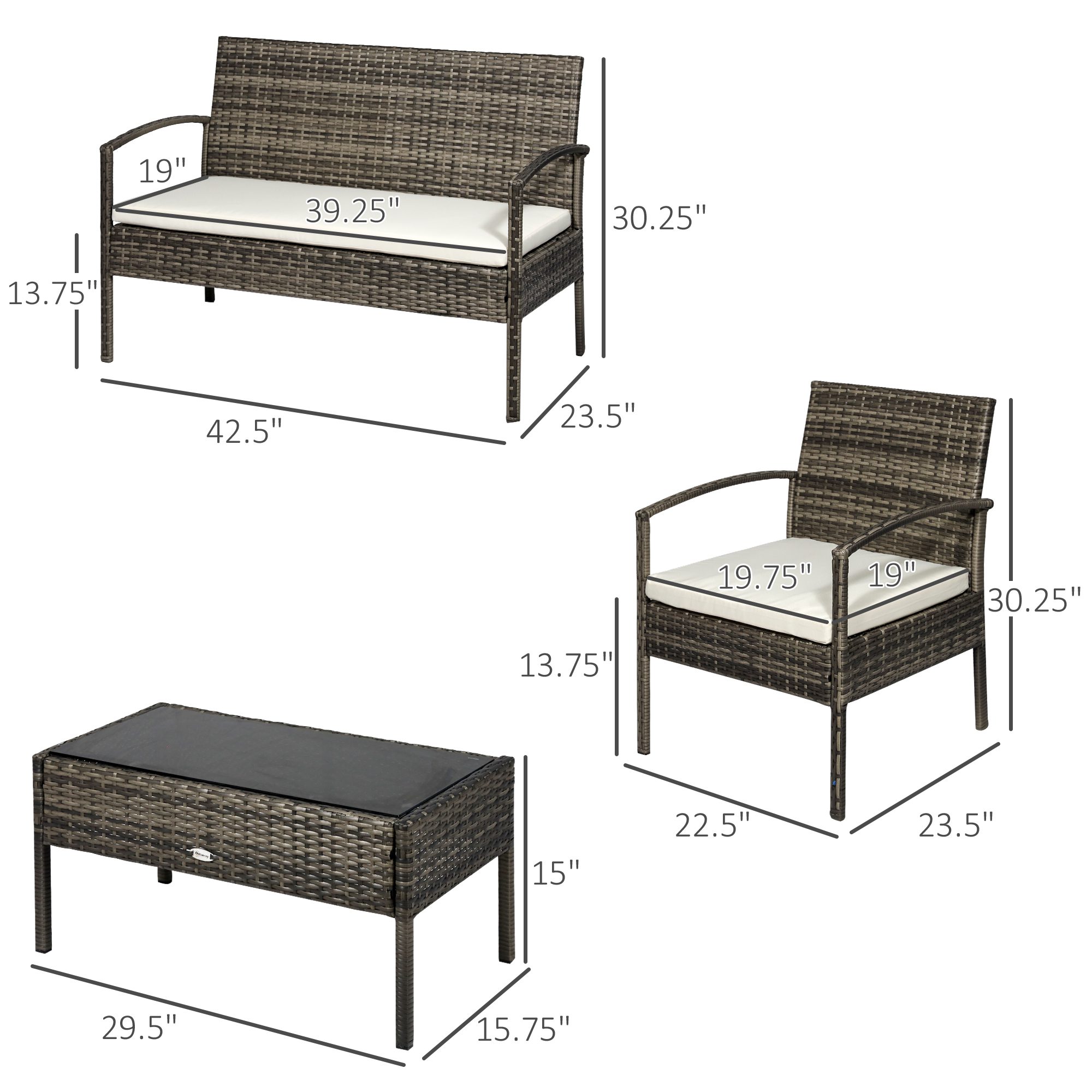 Patio Furniture Set, 4 Piece Indoor Outdoor PE Wicker Conversation Set with Chairs, Loveseat Sofa, Cushions, Glass Table for Backyard, Sunroom, Pool, Garden, Light Gray - Image 1