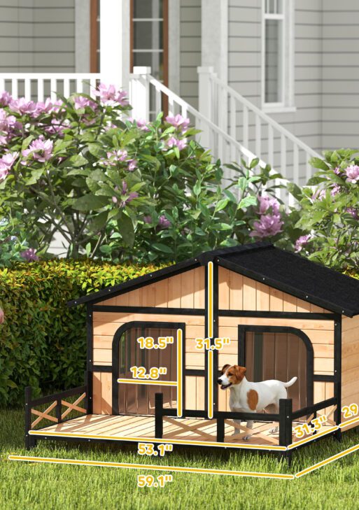 Dog House Outdoor, Wooden Dog Kennel Weatherproof with Porch, Openable Roof, Removable Bottom, Elevated Floor, Double Room for 2 Small to Medium Breeds, Natural