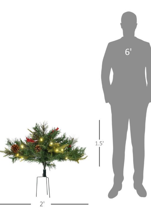 2 Ft/22 inch 2 Pack Prelit Artificial Christmas Tree Cordless with 69 Branches, Warm White LED Lights, Red Berries, Pine Cones, for Outdoor Entryway, Green