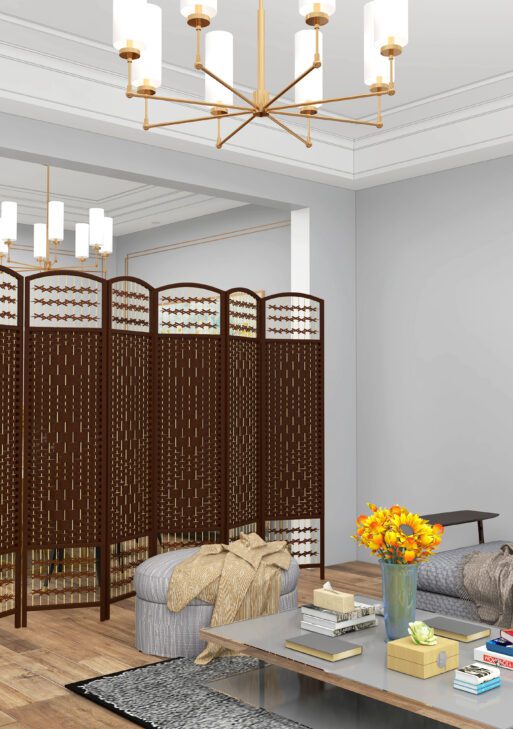 6 Panel Folding Room Divider Portable Privacy Screen Wave Fiber Room Partition for Home Office Brown