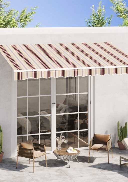10' x 8' Retractable Awning, Patio Awnings, Sunshade Shelter w/ Manual Crank Handle, UV & Water-Resistant Fabric and Aluminum Frame for Deck, Balcony, Yard, Red & Beige