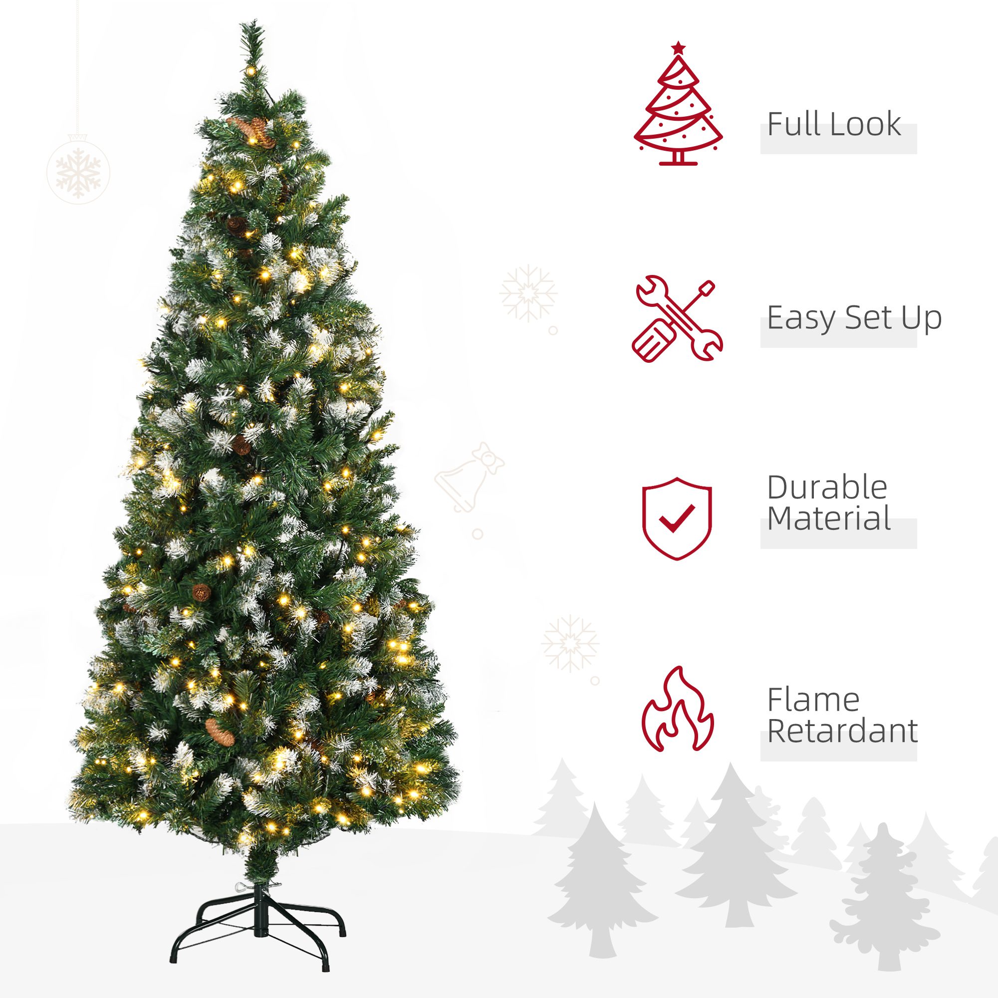 6' Decorated Christmas Trees, Skinny Prelit Artificial Christmas Tree with Snow-dipped Branches, Auto Open, Pinecones - Image 2