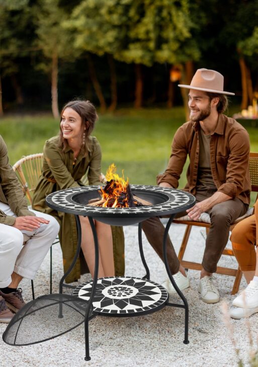 30" Outdoor Fire Pit Dining Table, 3-in-1 Round Wood Burning Fire Pit Bowl, Patio Ice Bucket with Storage Shelf, Spark Screen Cover for BBQ, Bonfire, Camping, Mosaic