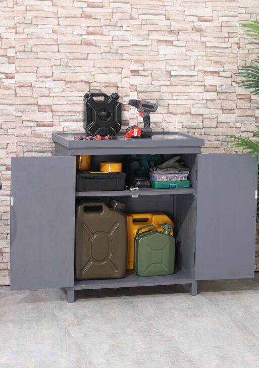 Outdoor Storage Cabinet, Outdoor Tool Shed with Galvanized Top and Two Shelves for Yard Tools or Pool Accessories, Gray