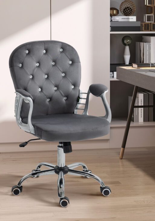 Button Tufted Desk Chair, Home Office Chair with Padded Armrests, Adjustable Height and Swivel Wheels, Dark Gray