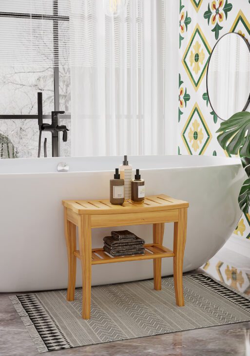 Long Bamboo Shower Bench Seat, 20" Wooden Spa Shower Stool with Underneath Storage Shelf Shoe Organizer