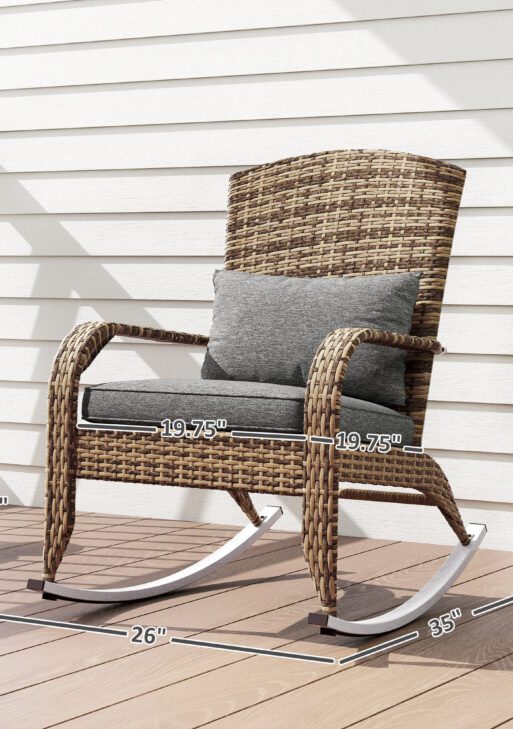 Adirondack Chair, Outdoor Wicker Rocking Chair with High Back, Seat Cushion, and Pillow for Porch, Balcony, Gray
