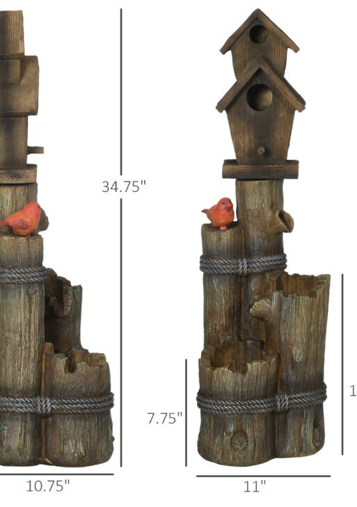 Outdoor Fountain with Birdhouse, Cascading Garden Waterfall Bird Bath with 3-Tier Rustic Tree Trunk / Log Design, LED Lights for Porch, Deck, Yard Decor, Brown