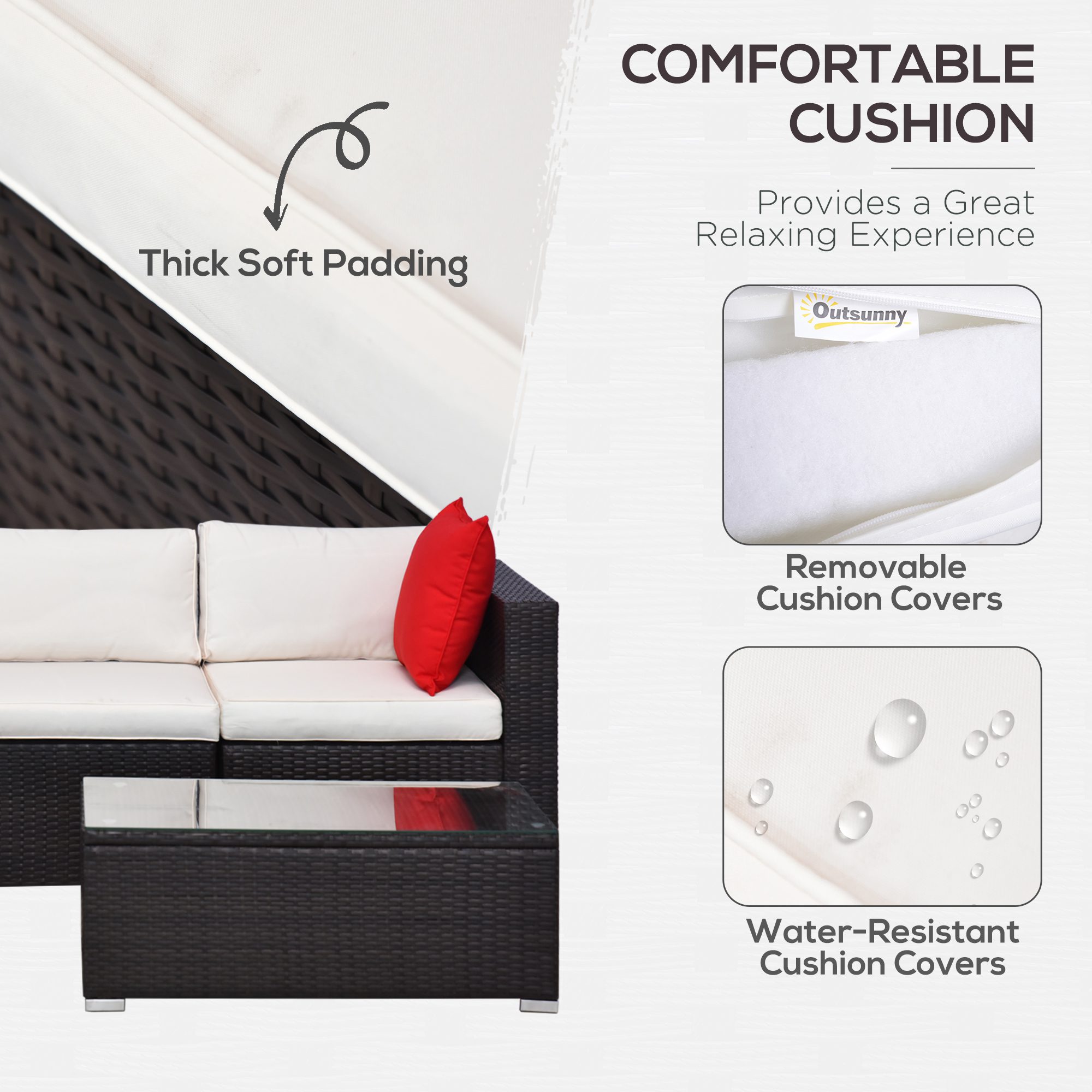 5-Piece Patio Furniture Set with Cushions, Outdoor PE Rattan Wicker Sofa Set, Sectional Furniture with Pillows, Glass Coffee Table for Garden, Backyard, Brown/Cream White - Image 3