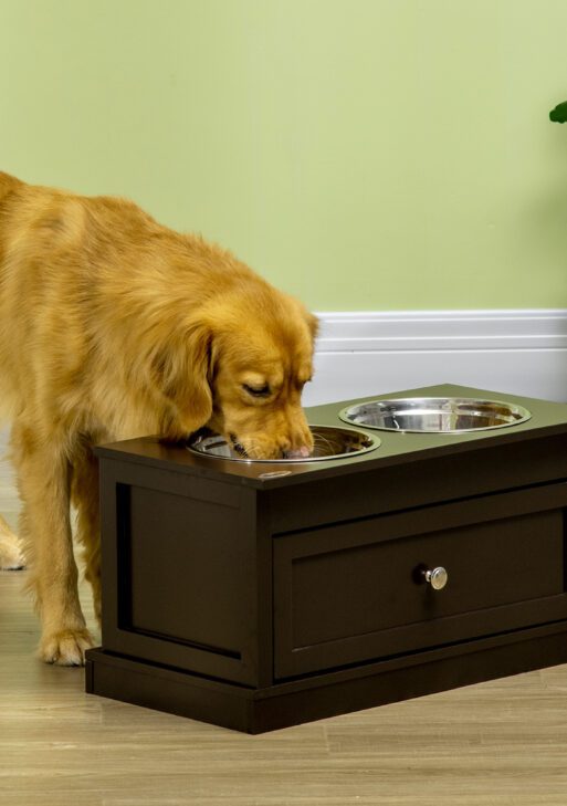 Large Elevated Dog Bowls with Storage Drawer Containing 11L Capacity, Raised Dog Bowl Stand Pet Food Bowl Dog Feeding Station, Brown