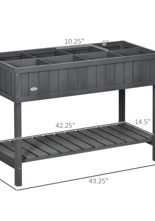 Wooden Raised Garden Bed, Elevated Planter Box Stand with 8 Slots and Open Shelf, Dark Gray