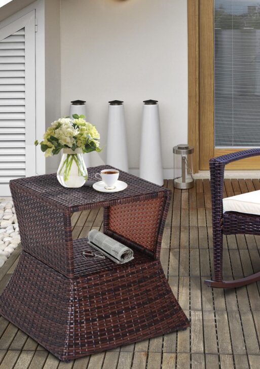 Outdoor Side Table with Umbrella Hole, 2 Tier Rattan Wicker End Table with Storage Shelf, All Weather for Outdoor, Patio, Garden, Backyard, Mixed Brown