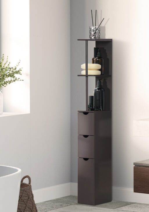 54" Tall Bathroom Storage Cabinet, Freestanding Linen Tower with 2-Tier Shelf and Drawers, Narrow Side Floor Organizer, Brown