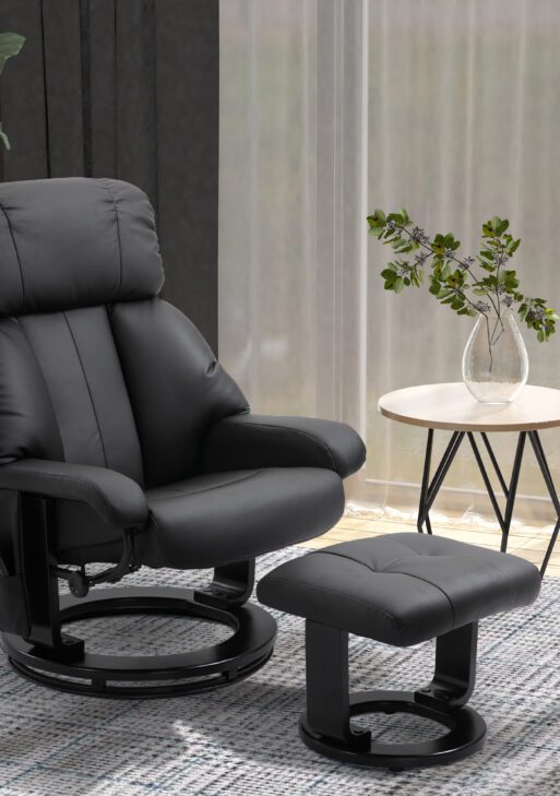 Massage Recliner Chair with Ottoman, 360° Swivel Recliner and Footstool, 10 Point Vibration, PU Leather Reclining Chair with Side Pocket and Remote Control, Black