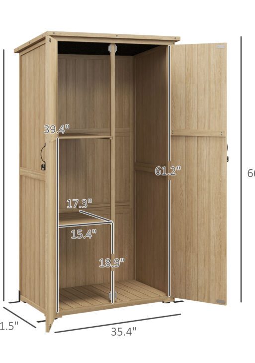 Wooden Outdoor Storage Cabinet Garden Shed with Waterproof Asphalt Roof and Lockable Doors, Natural