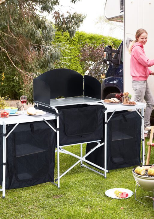 Camping Kitchen Table, Aluminum Portable Outdoor Cooking Table, Fold-Up Cook Station with Windscreen and 3 Enclosed Cupboards for BBQ, Party, Picnics, Backyards