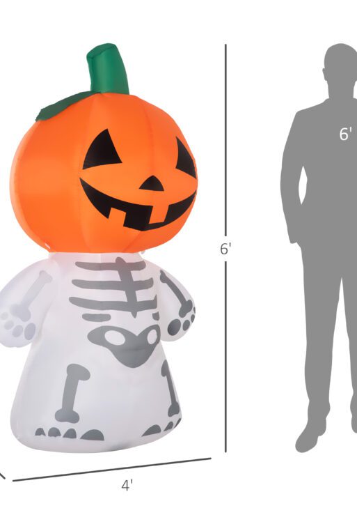 6ft Halloween Inflatables Outdoor Decorations, Smiling Skeleton Ghost with Pumpkin Head, Blow Up LED Yard Decor for Garden, Lawn, Party, Holiday, Waterproof