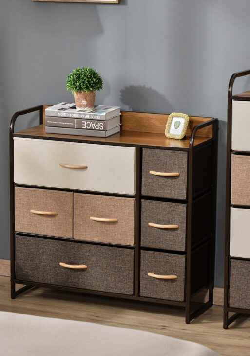 3-Tier Storage Organizer for Bedroom Entryway, 7-Drawer Dresser with Steel Frame for Bedroom, Maple Wood