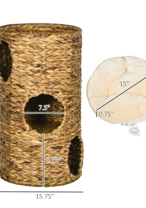 Elevated Cat Bed with Three Hideaways & Four Soft Plush Cushions, Cat Tower with Hand-Woven Materials, Multi-Layer Raised Kitten Bed Caves