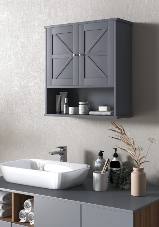 Farmhouse Bathroom Medicine Cabinet, Wall Cabinet with Barn Doors and Adjustable Shelf for Laundry Room, Gray