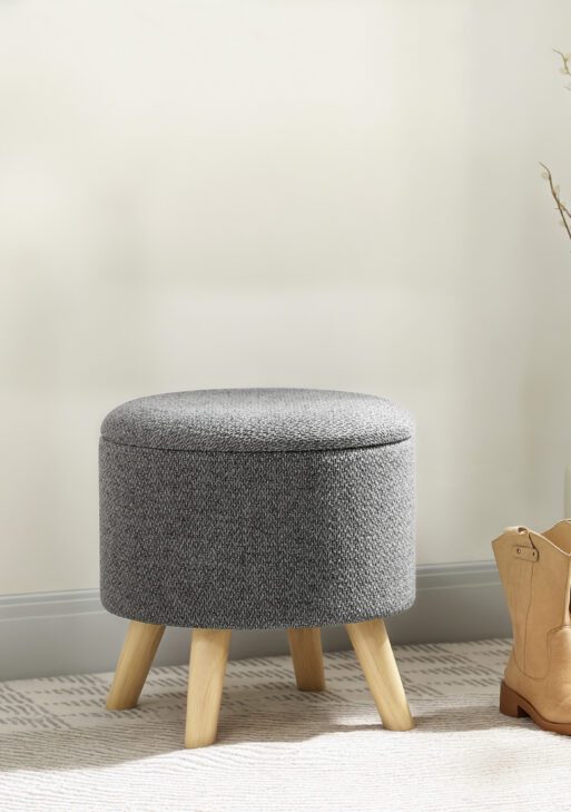 Round Ottoman Stool with Storage, Linen Upholstered Foot Stool with Padded Seat, Hidden Space and Wood Legs, Gray
