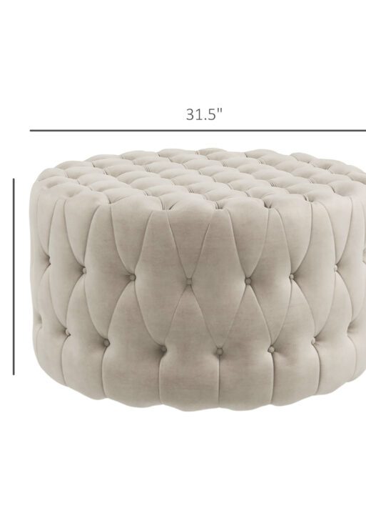 Round Ottoman Coffee Table with Velvet-feel Upholstery, Button Tufted Design and Padded Seat, Beige