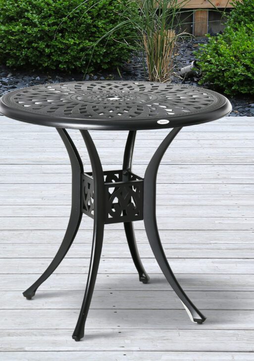 30" Round Patio Dining Table with Umbrella Hole, Antique Cast Aluminum Outdoor Bistro Table Only, Black