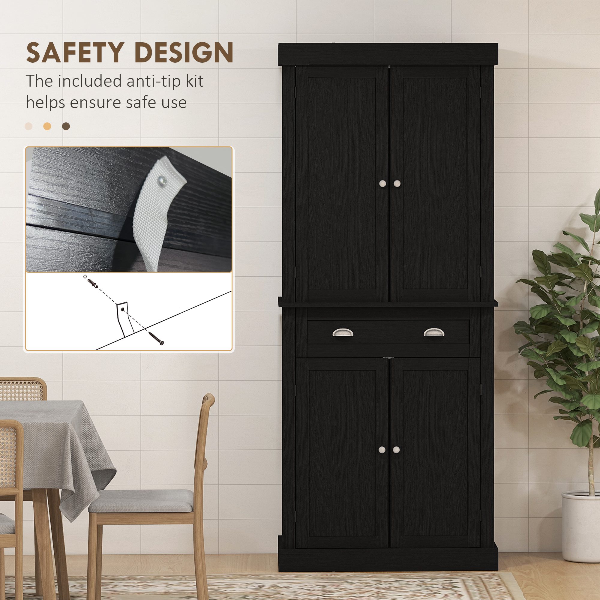 72.5" Kitchen Cabinet, Pantry Storage Cabinet with Doors and Shelves, Freestanding Food Pantry Cabinet, Black Wood Grain - Image 4