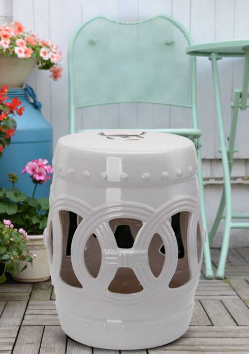14" x 17" Ceramic Garden Stool with Double-Coin Knotted Ring Design & Strong Glazed Material, Decorative Outdoor Stool, Home Collection, White