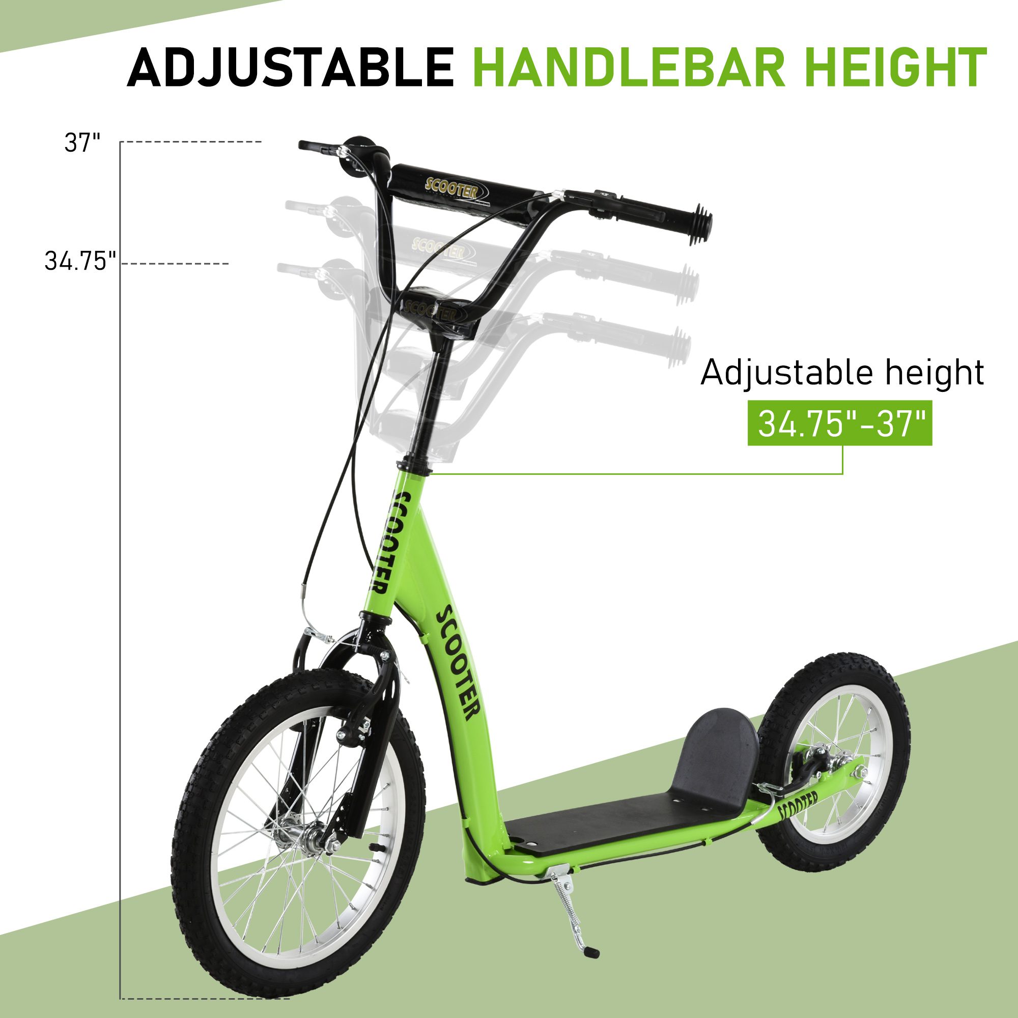 Youth Scooter Kick Scooter for Kids 5+ with Adjustable Handlebar 16" Front and 12" Rear Dual Brakes Inflatable Wheels, Green - Image 3