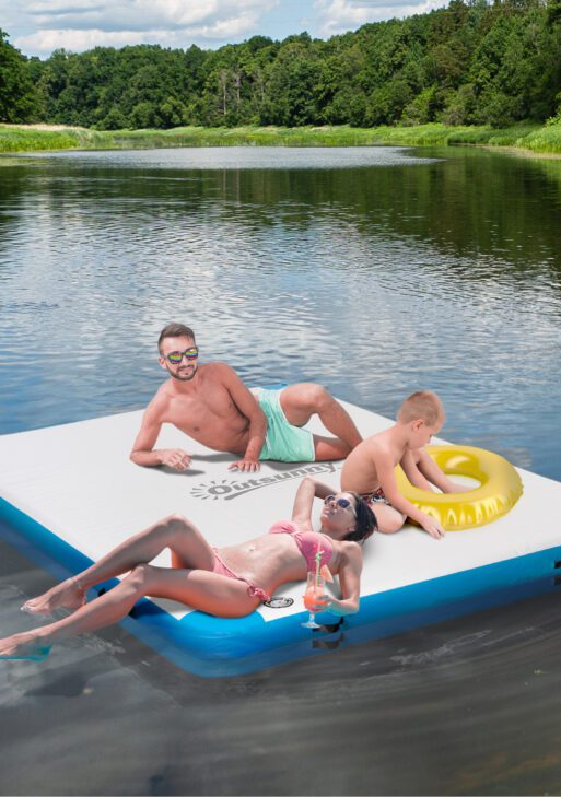 8 x 6ft Water Inflatable Floating Dock, Inflatable Platform Island, Large Floating Mat Raft with Air Pump & Backpack, for Pool, Beach, Ocean, White