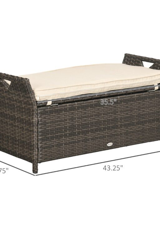 29 Gallon Patio Wicker Storage Bench, Outdoor PE Rattan Patio Furniture, 2-In-1 Large Capacity Rectangle Garden Storage Box with Handles and Cushion, Cream White