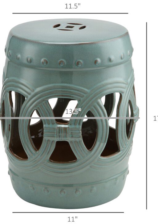 14" x 17" Ceramic Garden Stool with Double-Coin Knotted Ring Design & Strong Glazed Material, Decorative End Table, Home Collection, Antique Blue