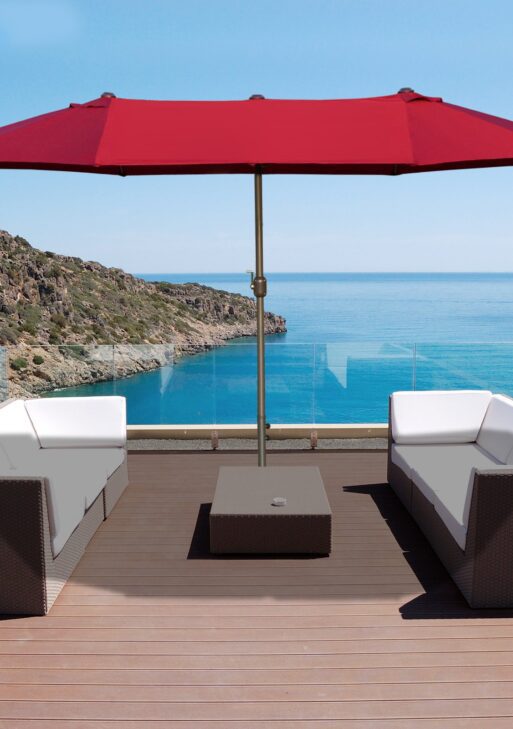 Patio Umbrella 15' Steel Rectangular Outdoor Double Sided Market with base, UV Sun Protection & Easy Crank for Deck Pool Patio, Wine Red