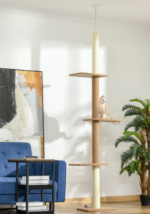 Floor-to-Ceiling Cat Tree Cat Climbing Tower with Sisal-Covered Scratching Posts Natural Cat Tree Activity Center for Kittens Cat Tower Furniture, Light brown