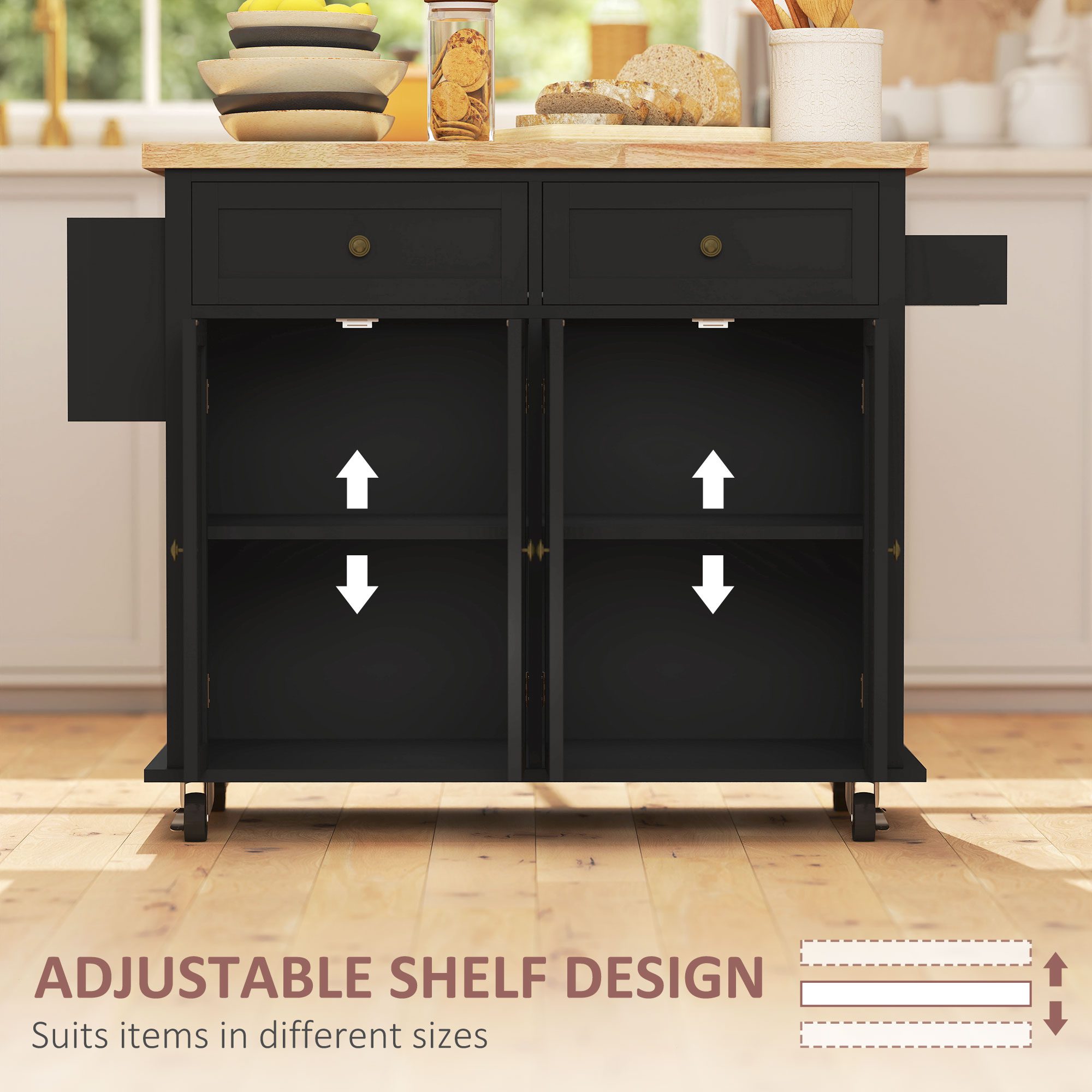 Kitchen Island Cart with Rubber Wood Top, Rolling Kitchen Island Table on Wheels with Drawers, Adjustable Shelves, Spice Rack and Towel Rack for Dining Room, Black - Image 3