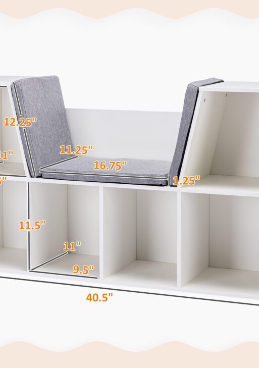 6-Cubby Kids Bookcase with Reading Nook and Cushion, Multi-Purpose Storage Organizer for Bedroom, Living Room, Pure White
