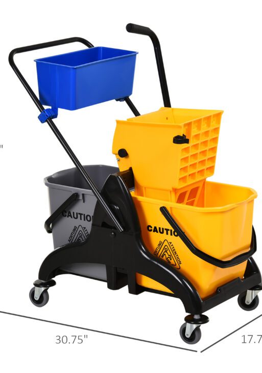 2 x 6.9 Gallon Mop Water Bucket Wringer Cart with Easy to Use Side Press Wringer, Smooth Wheels, Mop-Handle Holder
