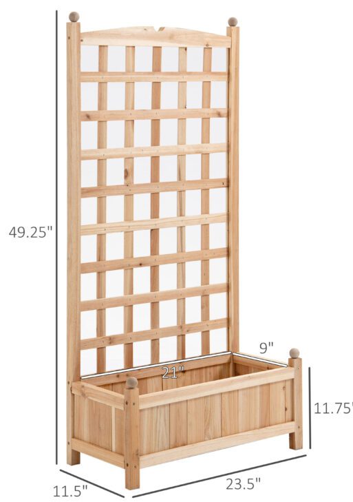 Wooden Raised Garden Bed with Trellis, Outdoor Planter Box with Drainage Crevices for Climbing Vine Plants Flowers, 24" x 12" x 49"